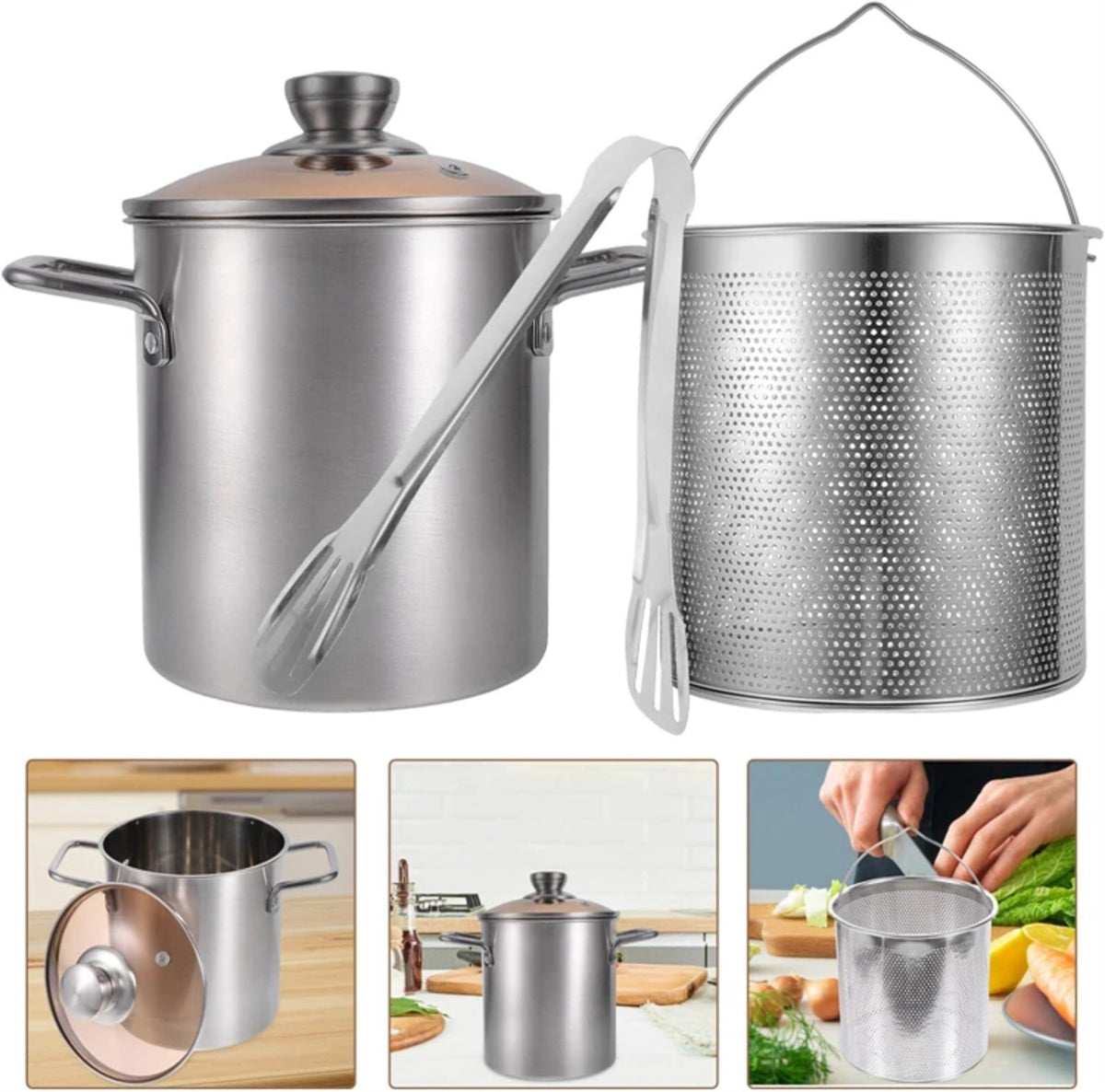 3.2 qt Stainless Steel Deep Fryer Pot - Tempura with Basket Lid and Tongs
