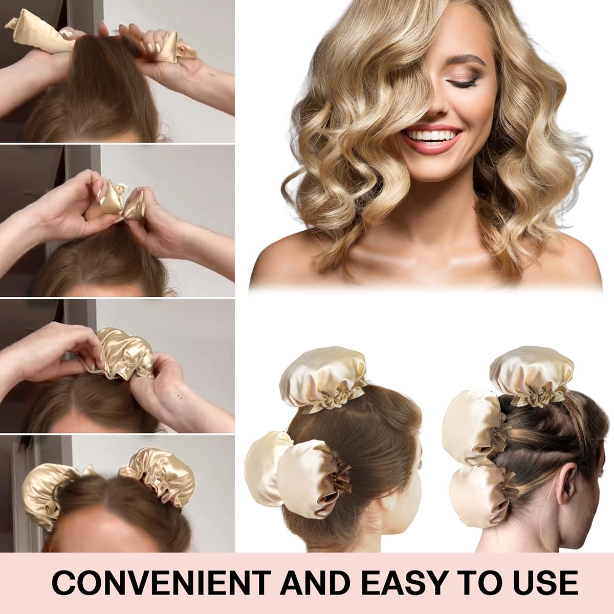 3-Pcs Satin Heatless Curling Rod Set - Overnight Headband and Caps for Long Hair