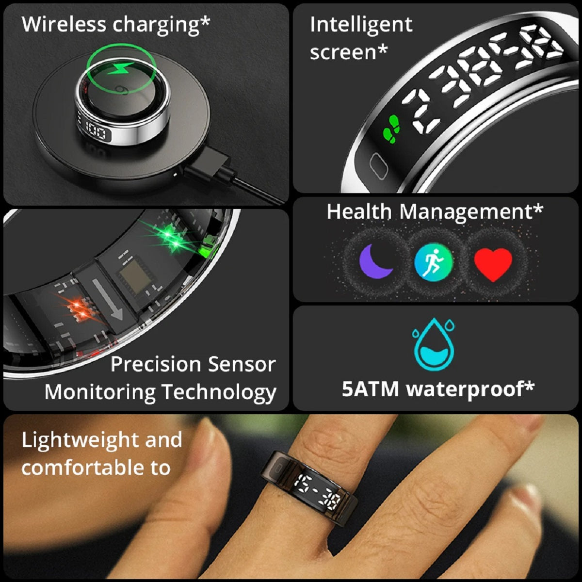 Smart Ring with Display - Touchscreen Health Tracker Wireless Charging