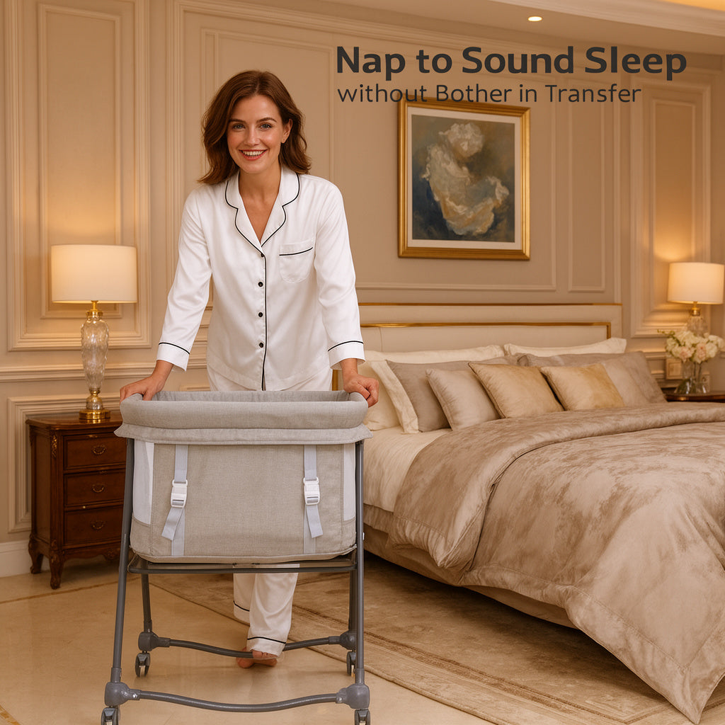 Baby Travel Cot with Mattress - Portable Rocking Crib with Silent Wheels