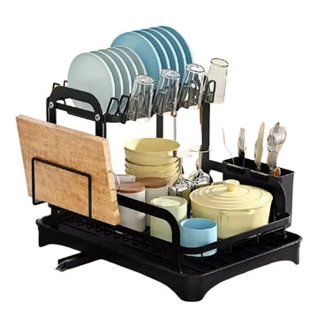 2-Layer Dish Drying Rack - Countertop Kitchen Organizer with Drain Tray