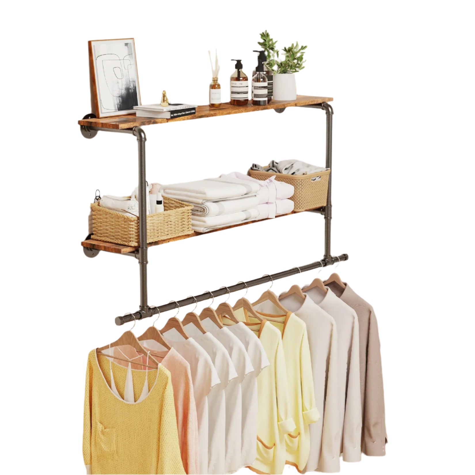 Industrial Wall Clothing Rack - Pipe Frame with Wood Shelf