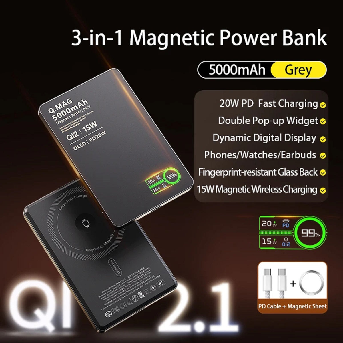 3-In-1 Magnetic Power Bank - 15W Wireless Fast Charger with LCD