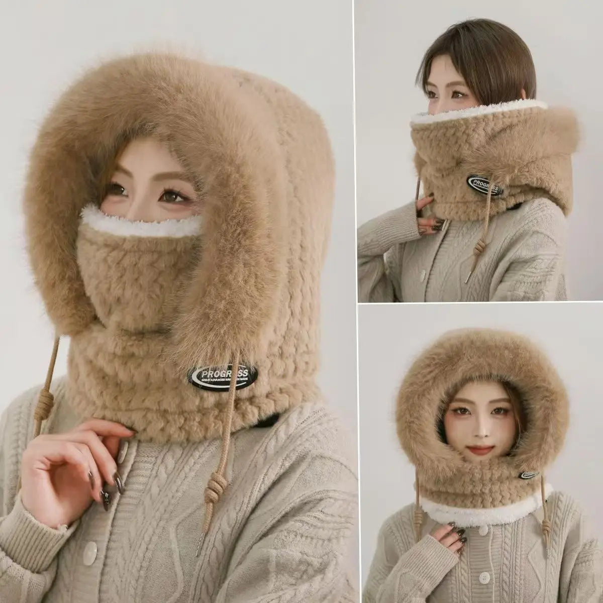 Women's Winter Plush Hat & Scarf Set - Windproof Thermal Hood with Ear Protection