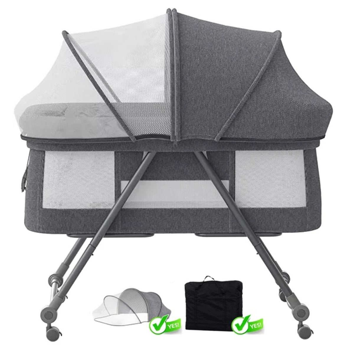 Baby Travel Cot with Mattress - Portable Rocking Crib with Silent Wheels