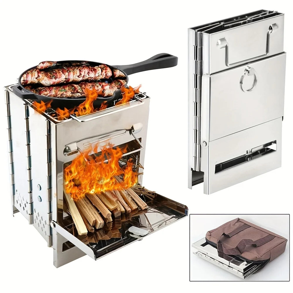 Portable Wood Stove - Foldable Stainless Steel Camping BBQ Grill