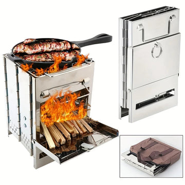 Portable Wood Stove - Foldable Stainless Steel Camping BBQ Grill