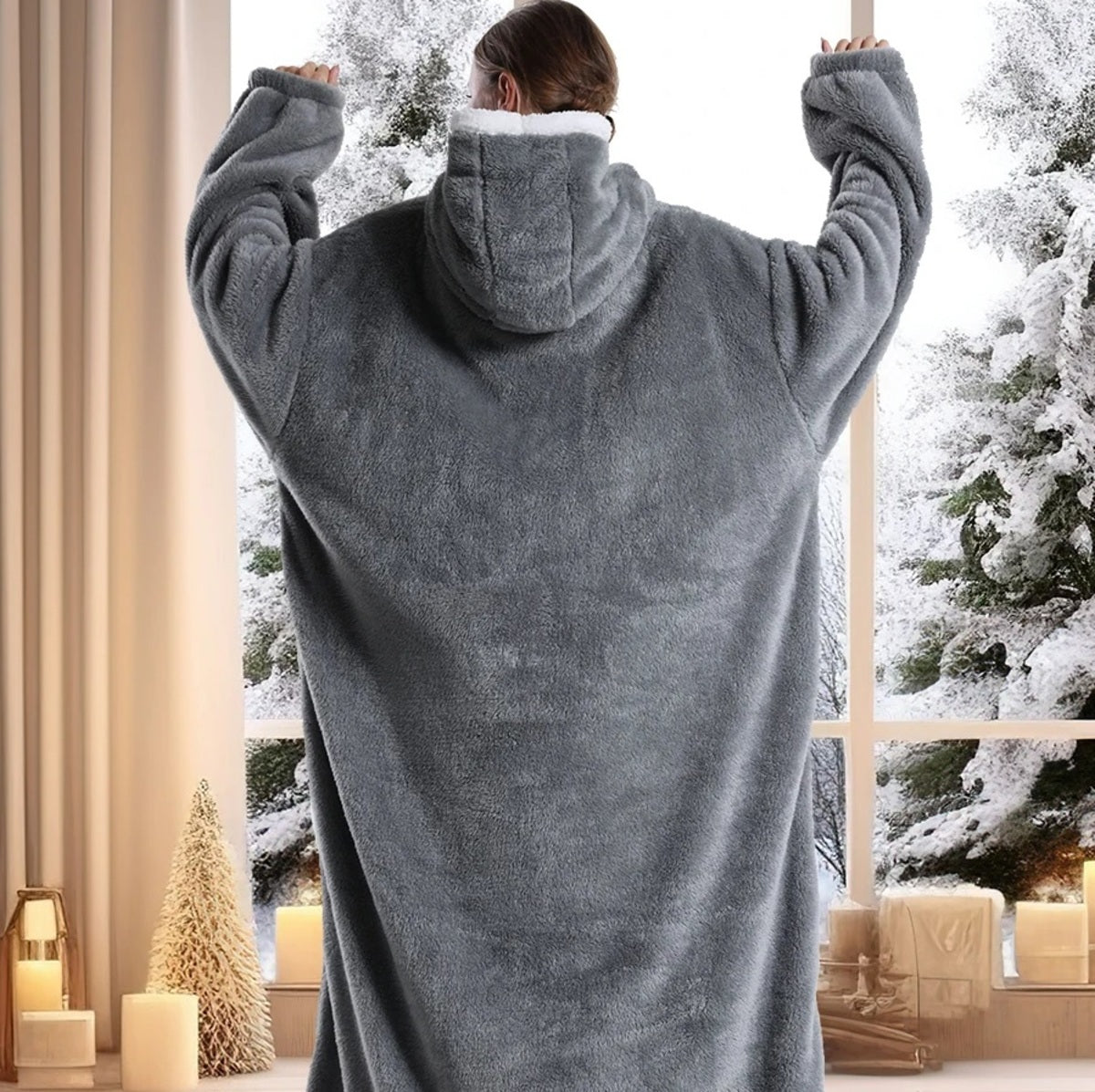 Extra Long Wearable Blanket - Hooded Flannel with Sleeves for Adults