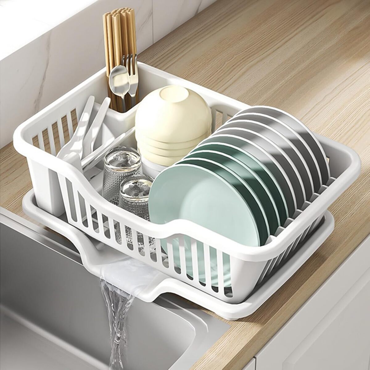 Plastic Dish Drying Rack - Duty Sink Drainer with Cup Holders and Drainboard