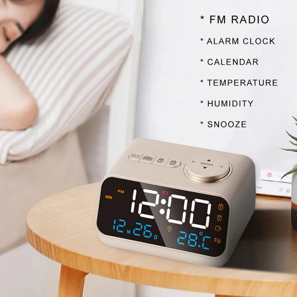 Modern FM Radio Alarm Clock - LED Bedside with Temperature and Humidity Display