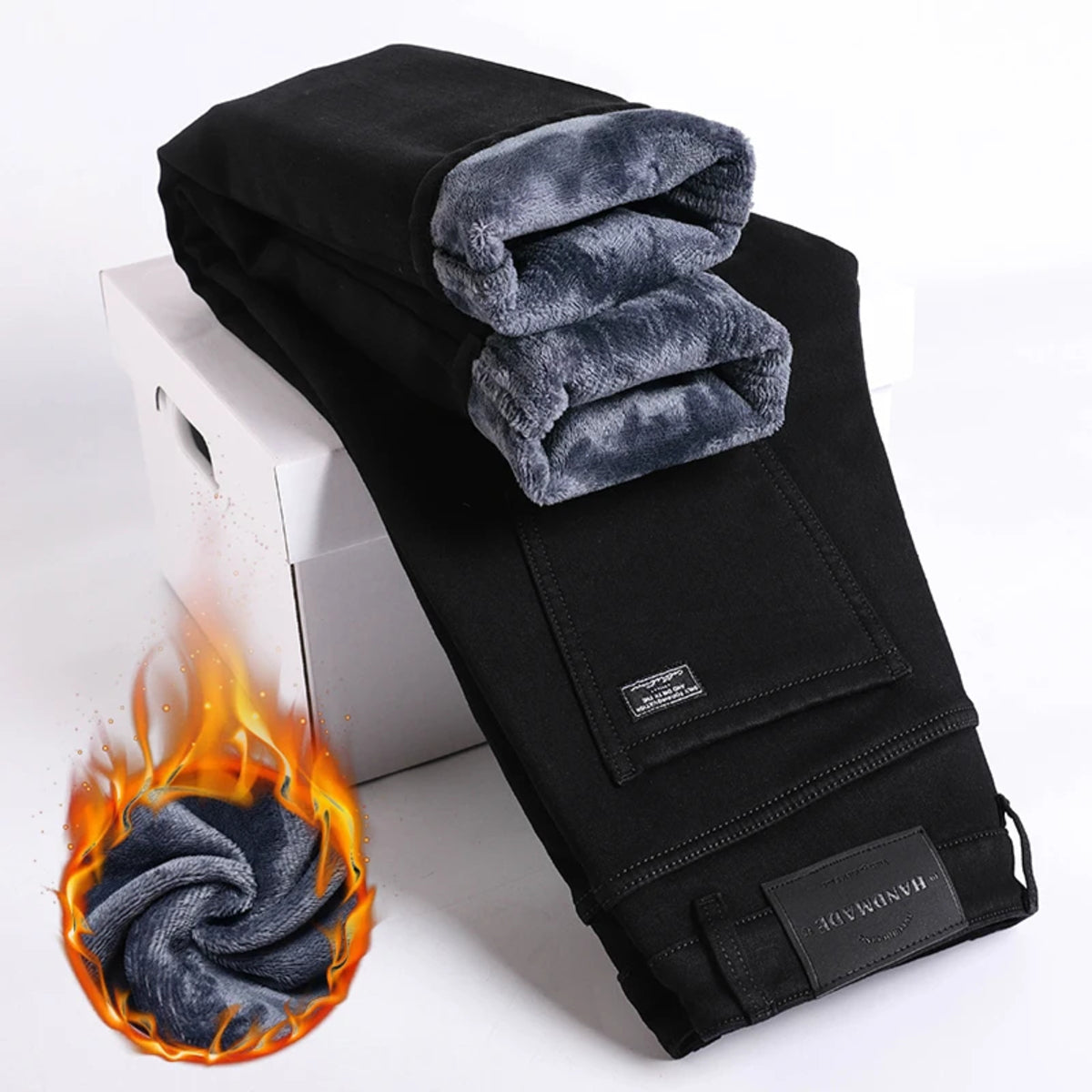Men's Winter Fleece Jeans - Slim Straight Warm Elastic Denim Pants