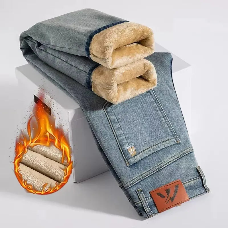 Men's Winter Fleece-Lined Jeans - Thick Warm Stretch Straight Denim