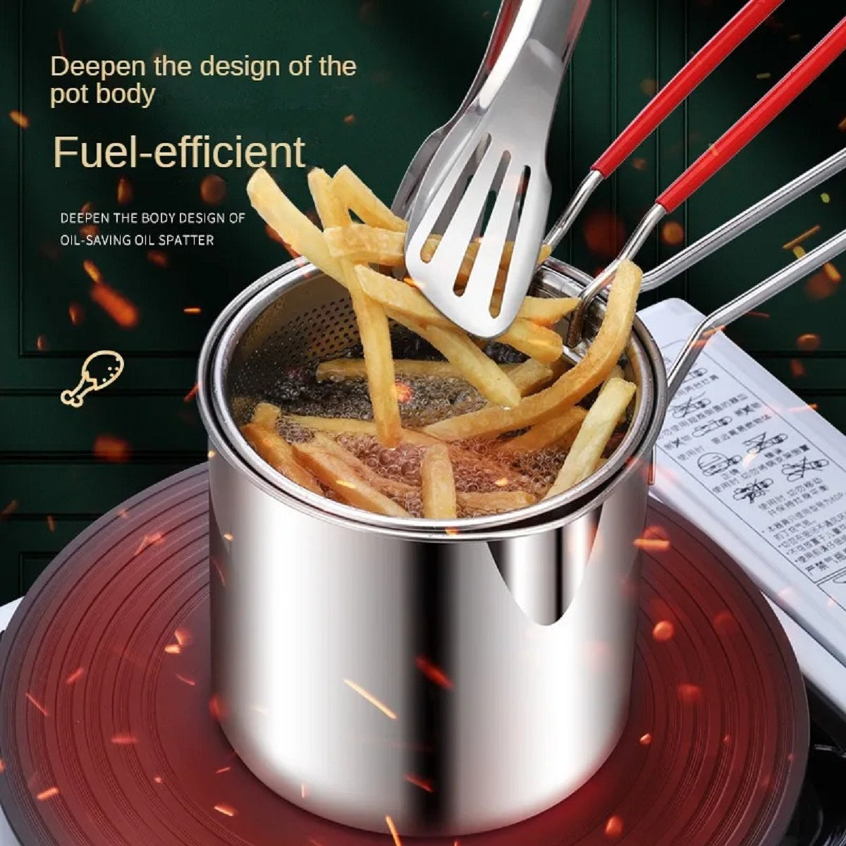 304 Stainless Steel Deep Fryer Pot - 3.2QT with Basket and Lid