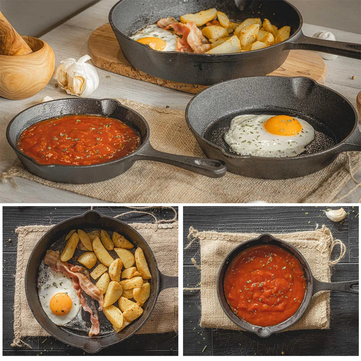 3-Piece Cast Iron Frying Pan Set - Uncoated Non-Stick Skillets & Stir-Frying