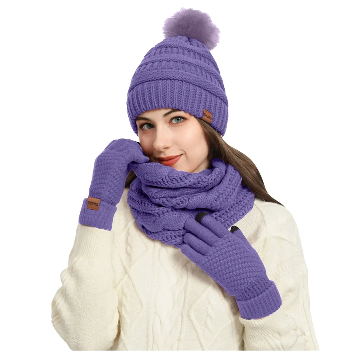 Women's Winter Hat Scarf Set - Knit Beanie with Gloves and Neck Warmer
