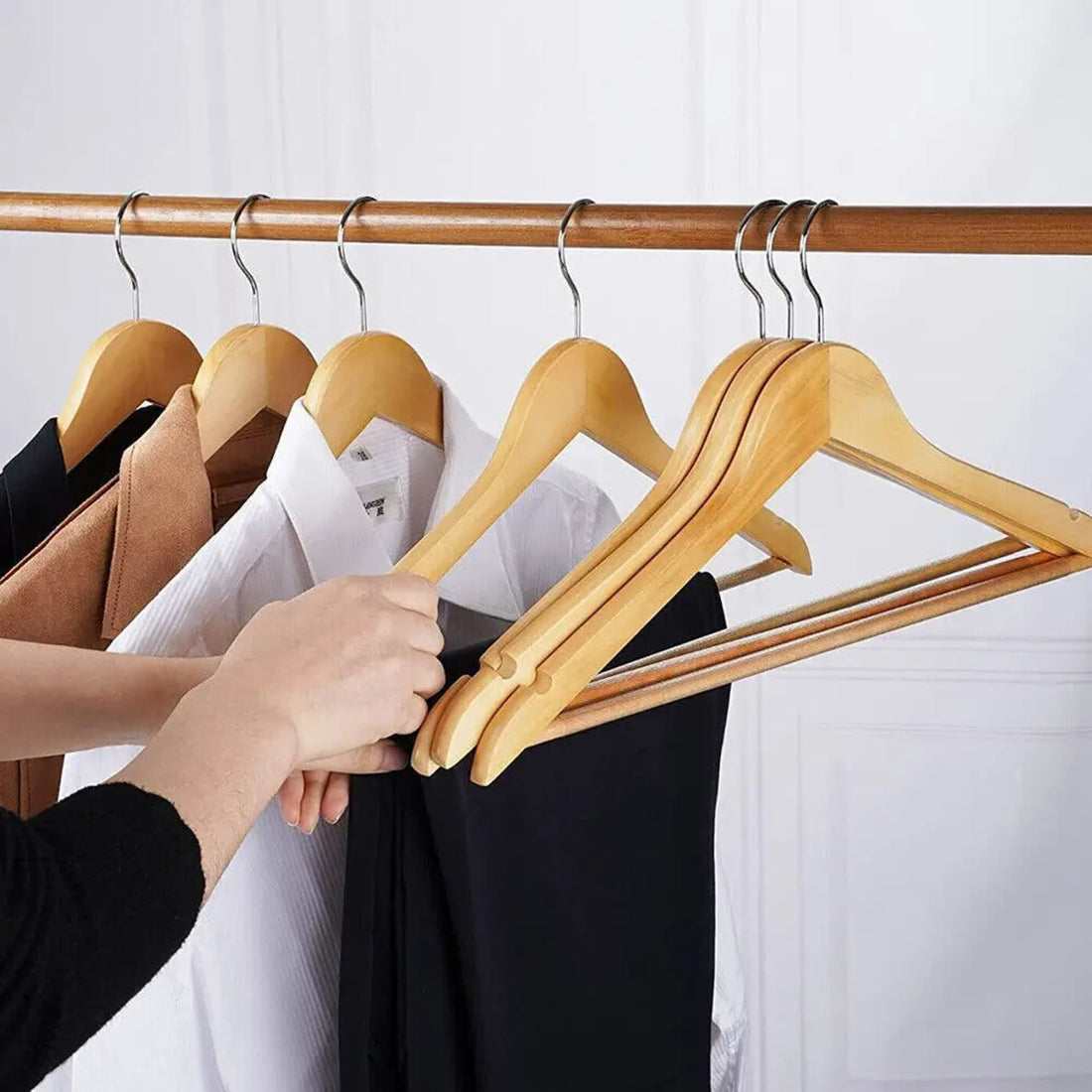 Wooden Coat Hangers (30 Pcs) - Clothes and Suit with Trouser Bar