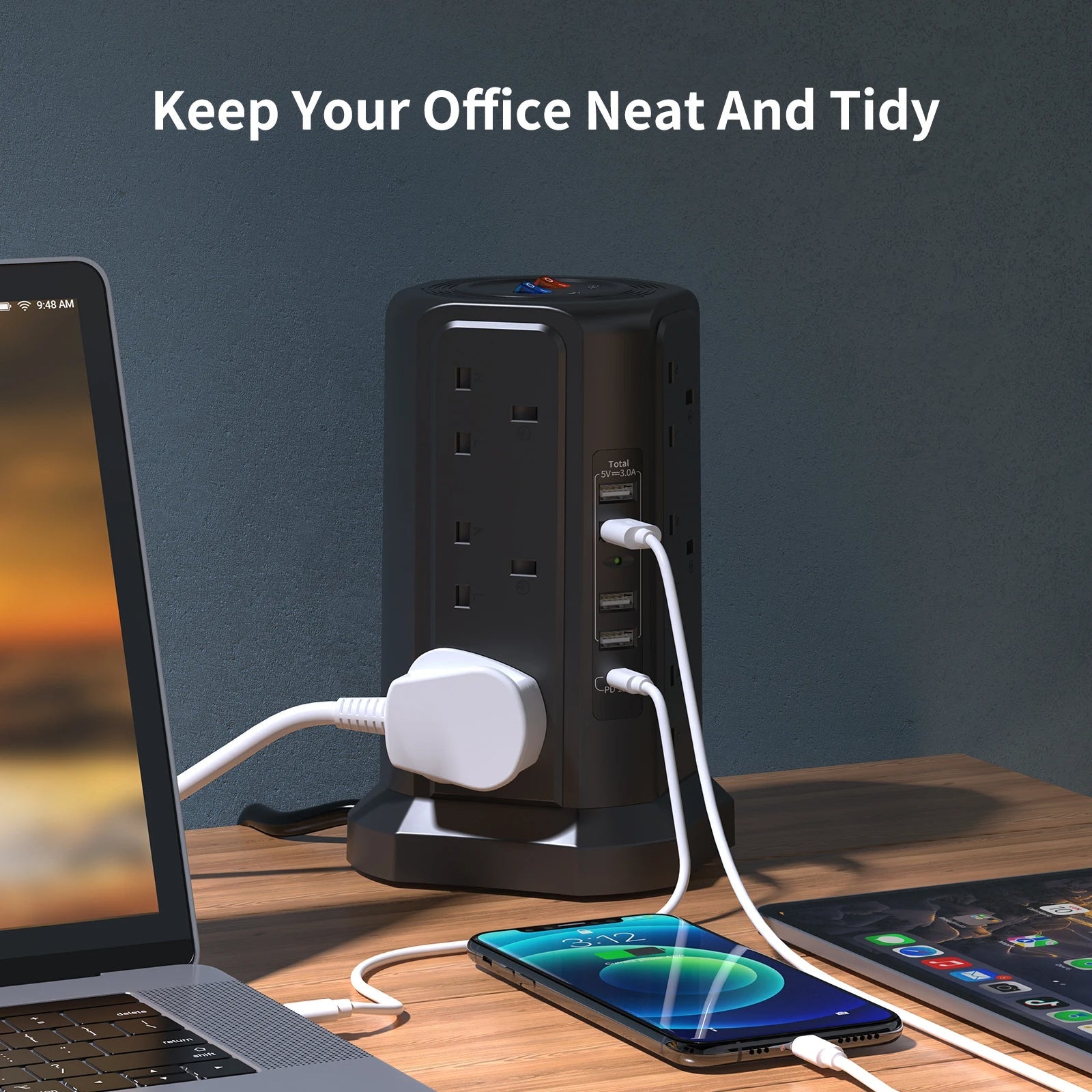 Tower Extension Lead - 1.8 M Cable 12-Way with USB and 18 W Usb-c Fast Charger