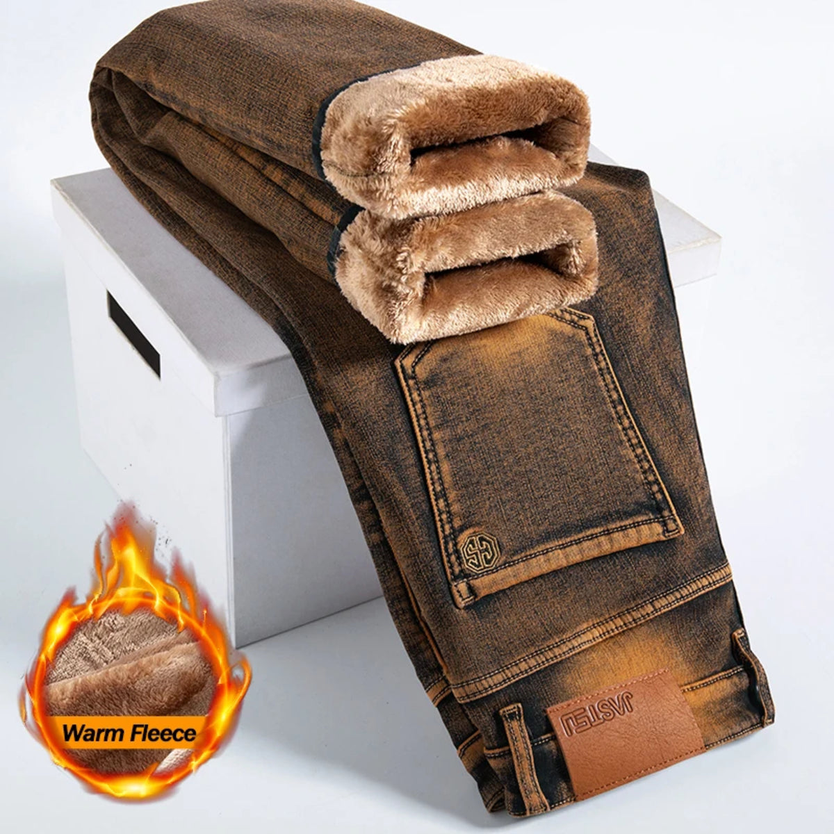 Men's Brown Vintage Winter Jeans - Thick Velvet Warm Elastic Straight Denim