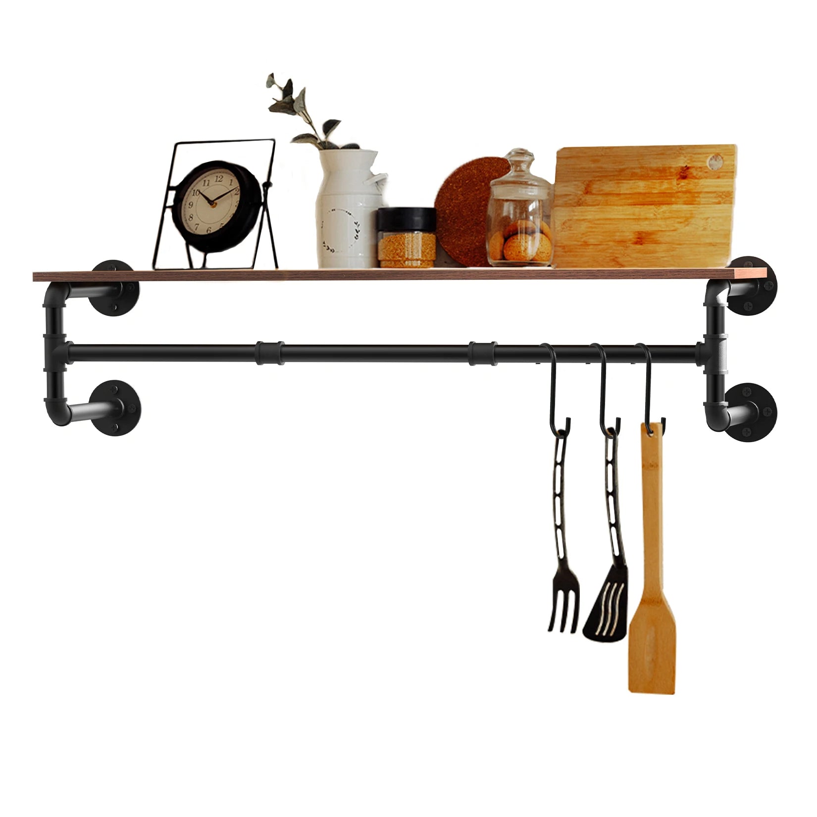 Industrial Pipe Clothing Rack - Wall-Mounted Wood Shelf and Floating Display