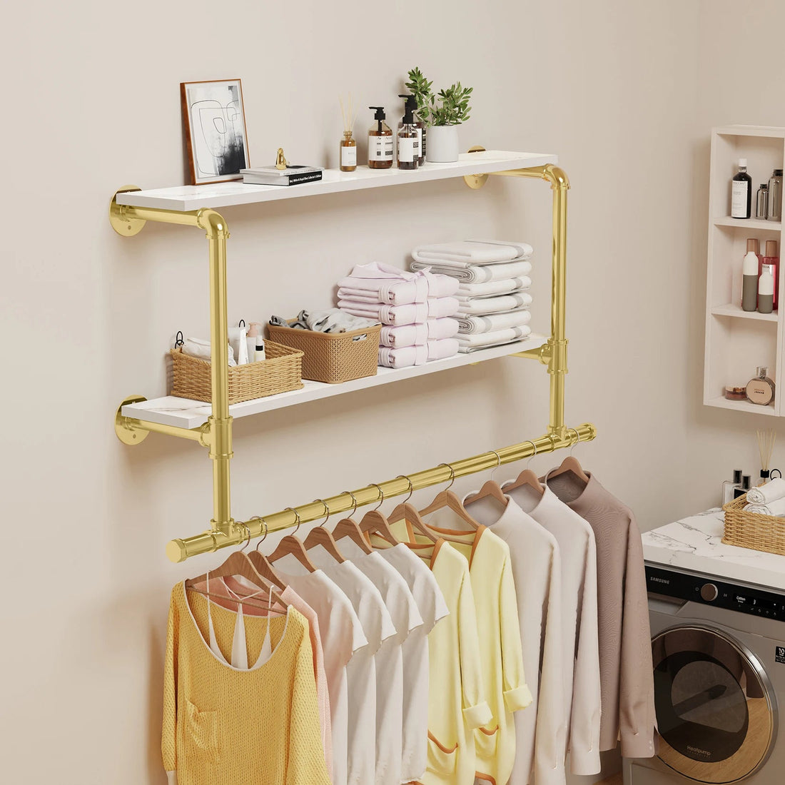 Industrial Wall Clothing Rack - Pipe Frame with Wood Shelf