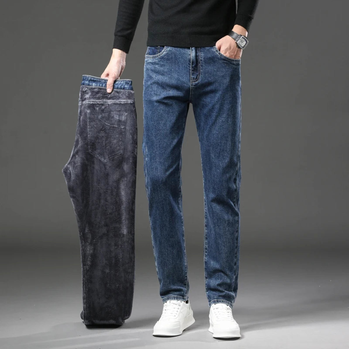 Men's Winter Fleece Jeans - Slim Straight Warm Elastic Denim Pants
