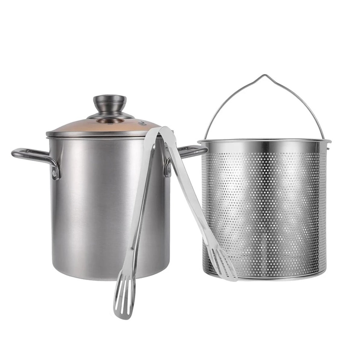 3.2 qt Stainless Steel Deep Fryer Pot - Tempura with Basket Lid and Tongs