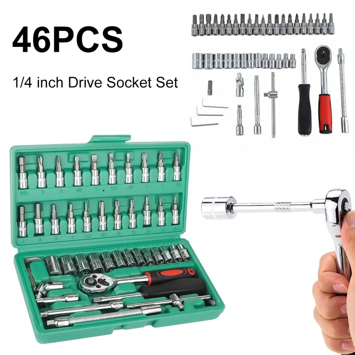 46-Piece Car Repair Tool Kit - 1/4-Inch Socket Set with Ratchet and Wrench