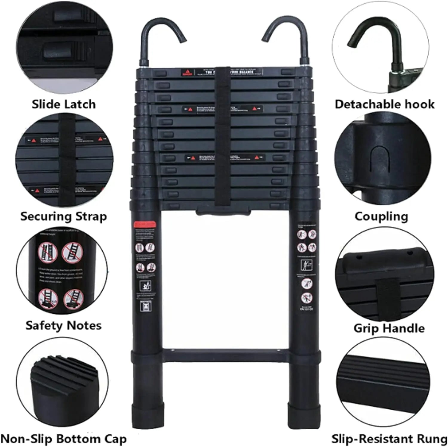 20.3 ft Telescopic Ladder - 14-Step Aluminium Extension with Hooks