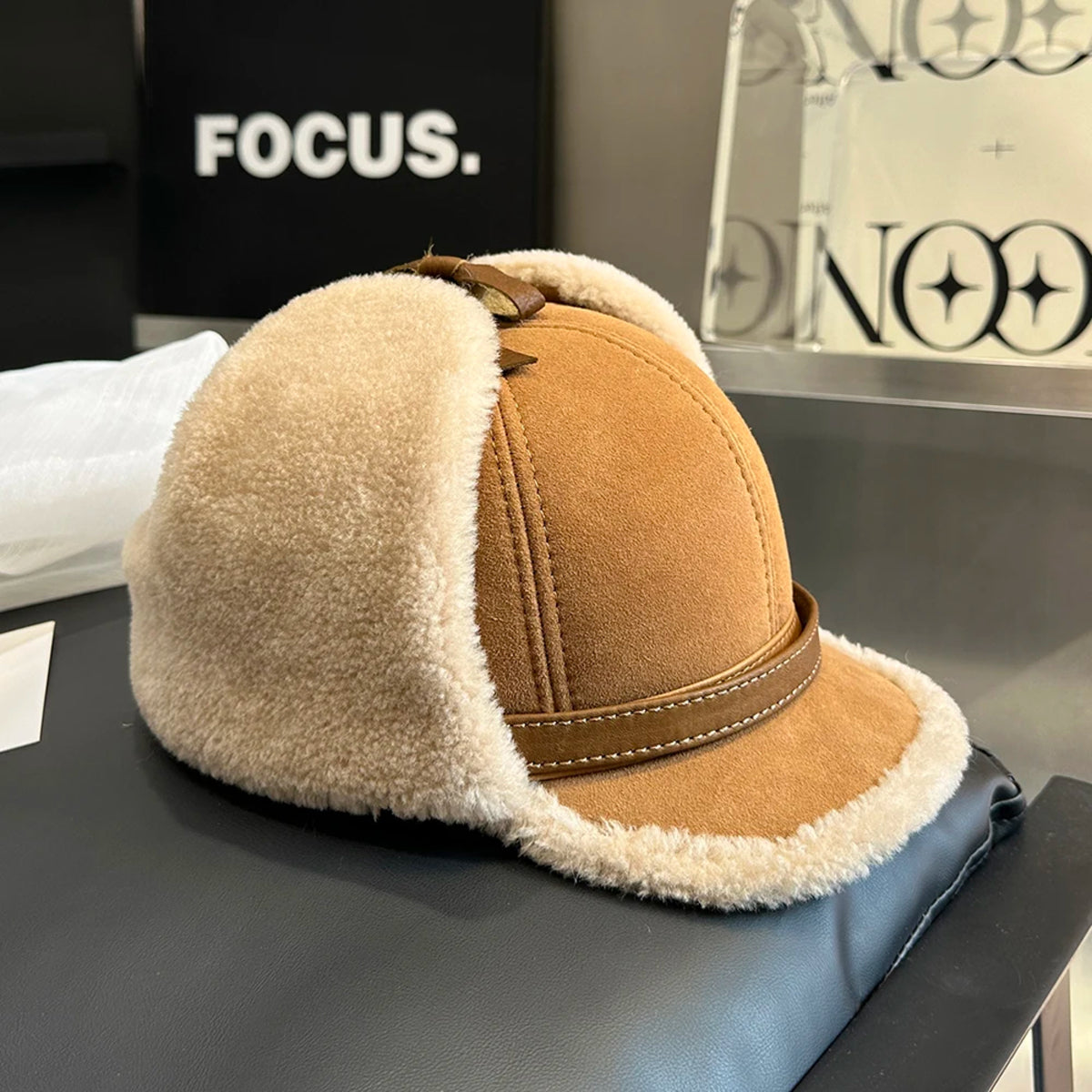 Men's Leather Winter Hat - Fur Lined Bomber Cap with Warm Earflaps