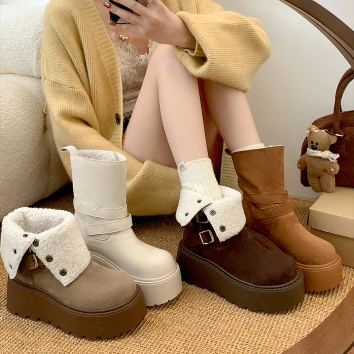 Women's Platform Snow Boots - Thick Bottom Fur Lined Outdoor Shoes