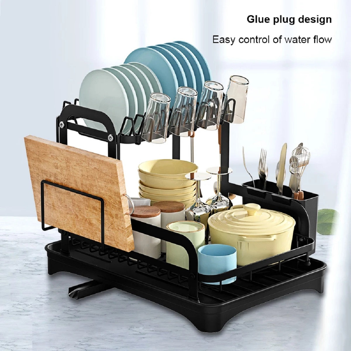2-Layer Dish Drying Rack - Countertop Kitchen Organizer with Drain Tray