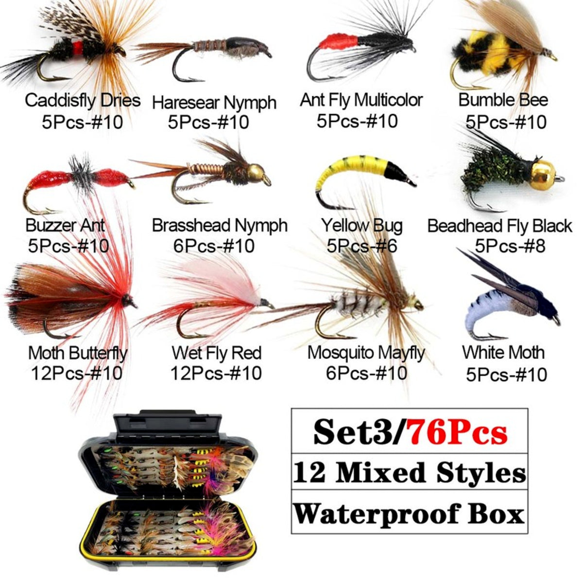 Trout Fly Fishing Lure Set - 32-112 Pcs Dry Wet Flies with Fly Box