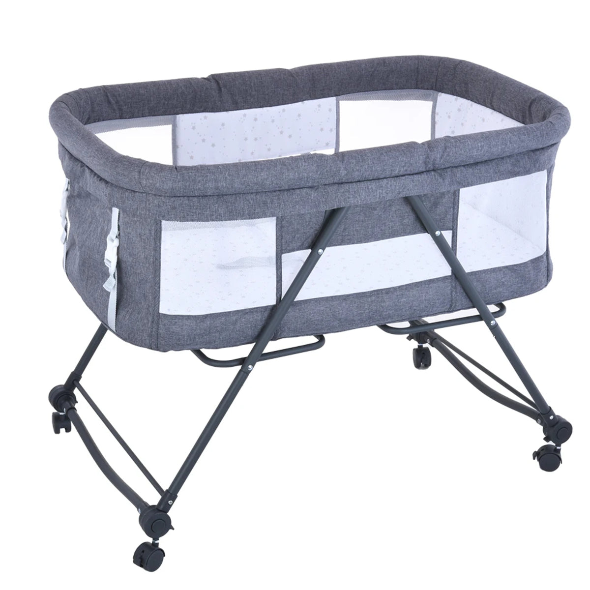 Baby Travel Cot with Mattress - Portable Rocking Crib with Silent Wheels