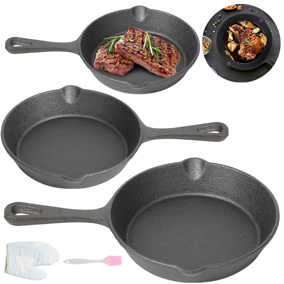 3-Piece Cast Iron Frying Pan Set - Uncoated Non-Stick Skillets & Stir-Frying