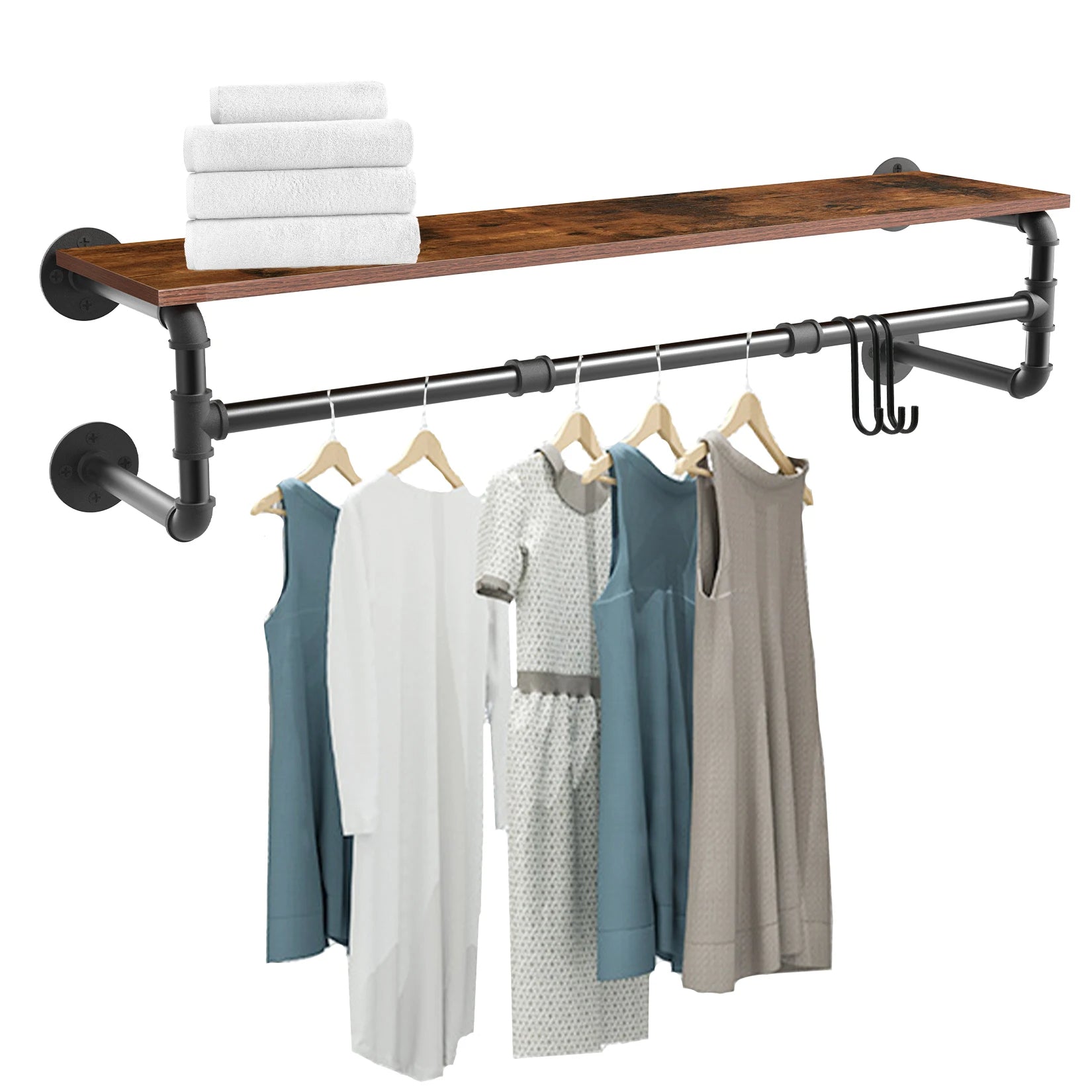 Industrial Pipe Clothing Rack - Wall-Mounted Wood Shelf and Floating Display