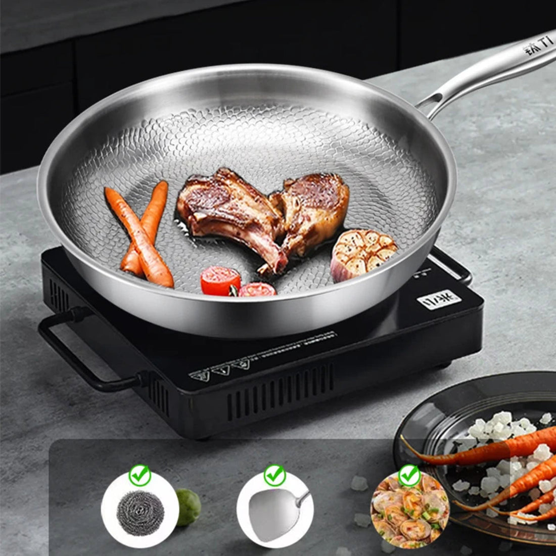 Titanium Frying Pan - Uncoated Non-Stick Hammer-Pattern Cookware