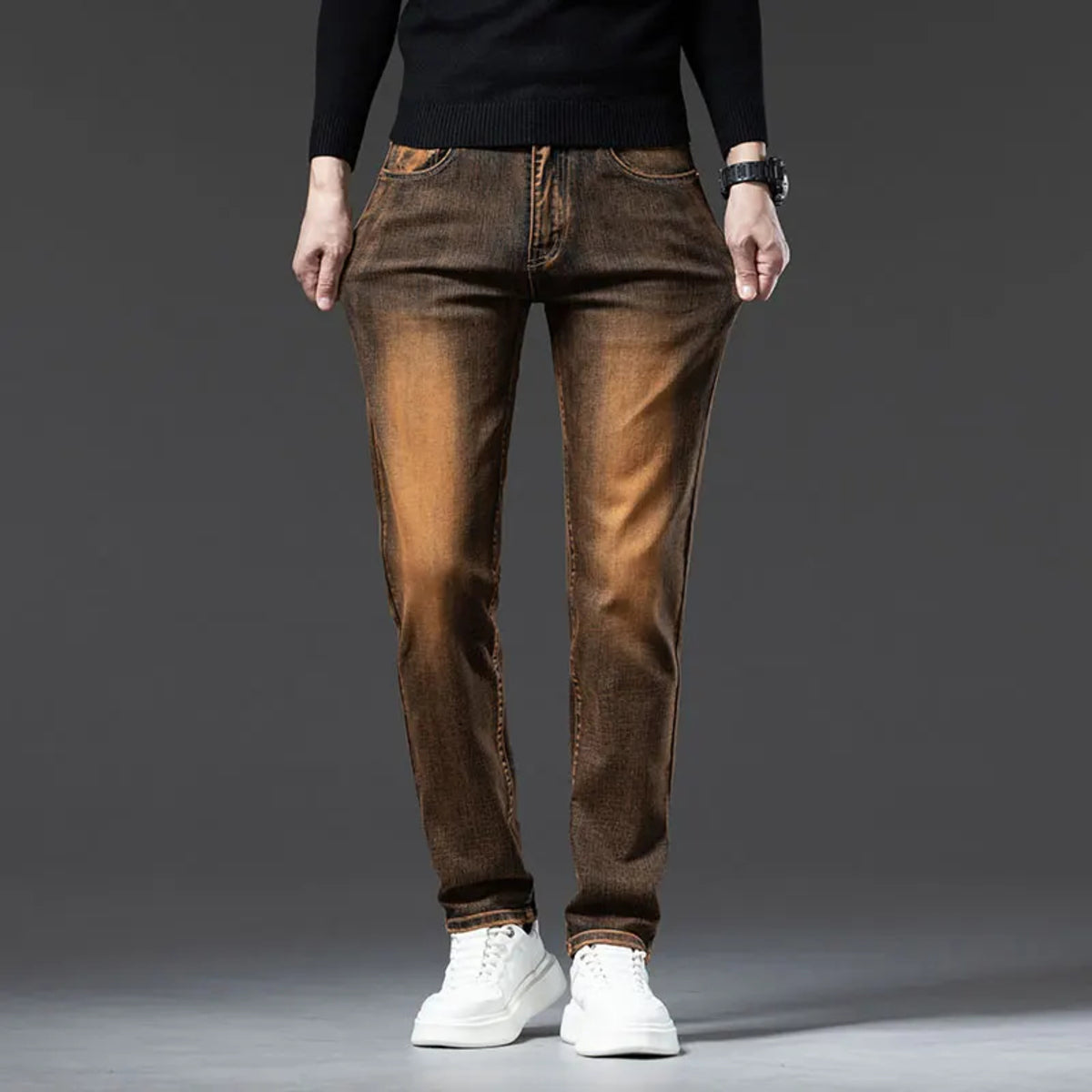 Men's Brown Vintage Winter Jeans - Thick Velvet Warm Elastic Straight Denim
