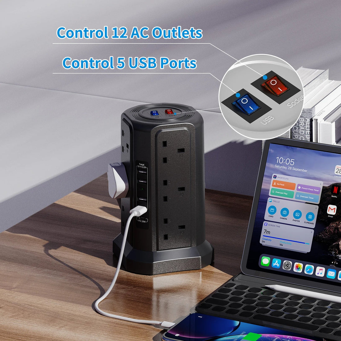 Tower Extension Lead - 1.8 M Cable 12-Way with USB and 18 W Usb-c Fast Charger