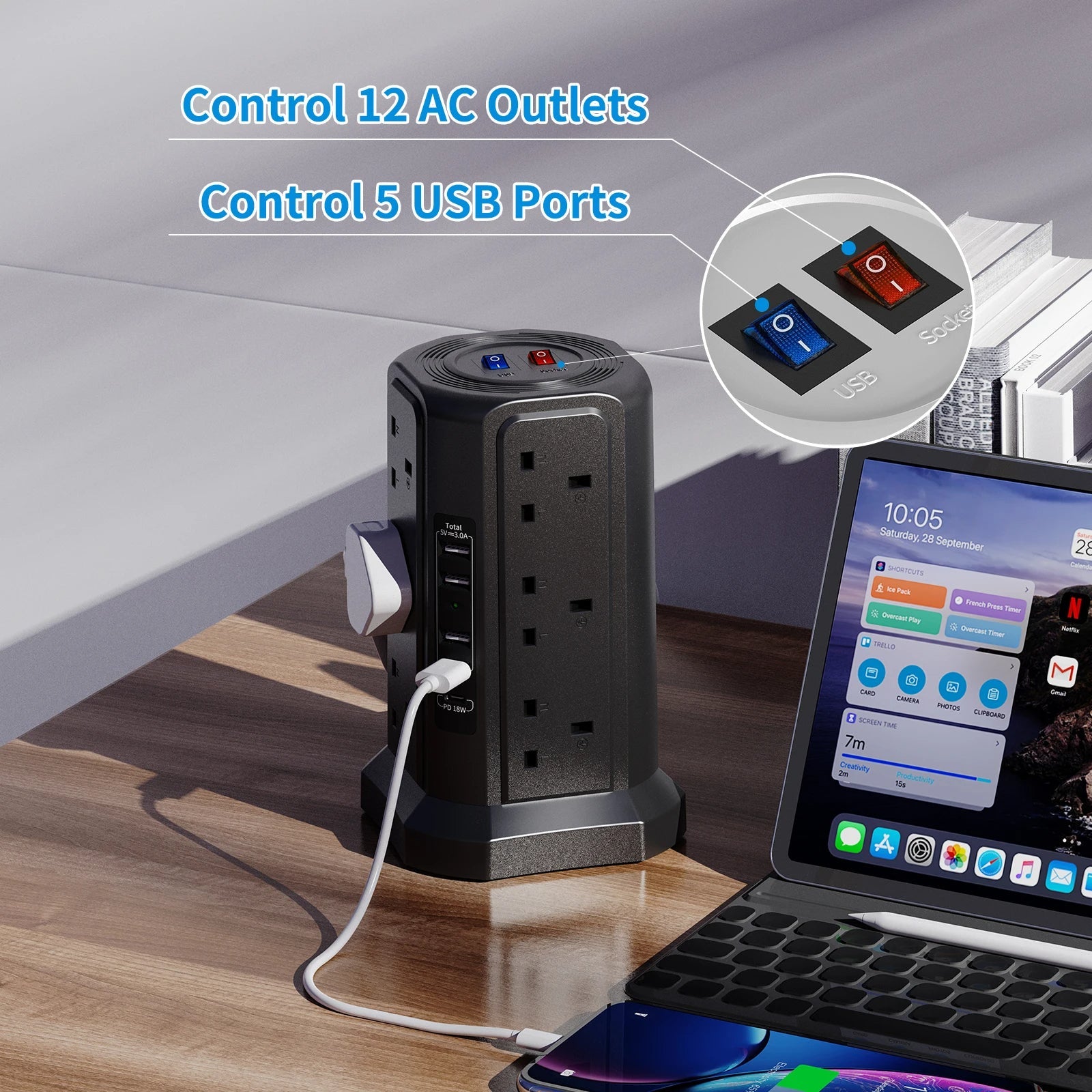 Tower Extension Lead - 1.8 M Cable 12-Way with USB and 18 W Usb-c Fast Charger