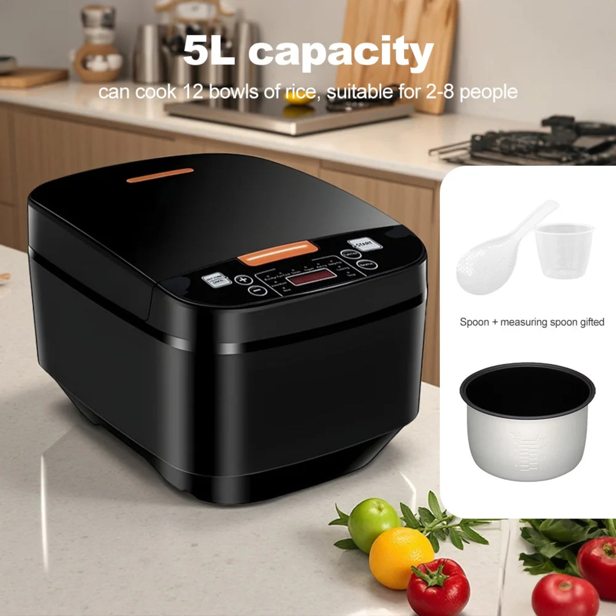 5 qt Electric Rice Cooker - Multi-Functional Steamer with Non-Stick Pot and LCD Display