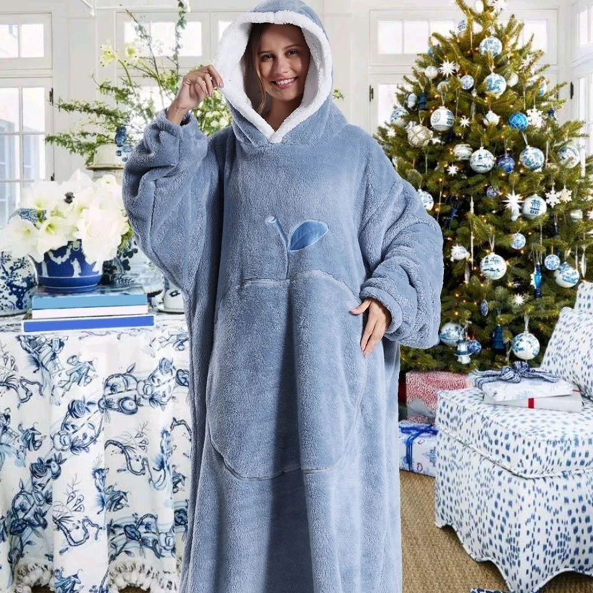Extra Long Wearable Blanket - Hooded Flannel with Sleeves for Adults