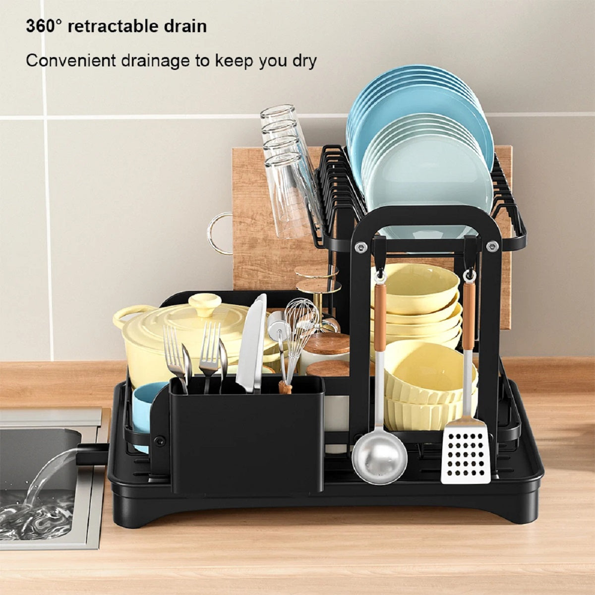 2-Layer Dish Drying Rack - Countertop Kitchen Organizer with Drain Tray