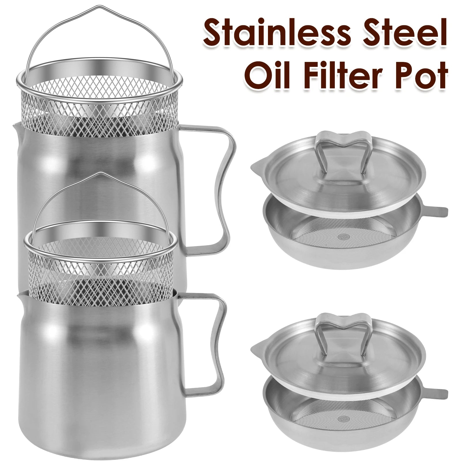 Stainless Steel Oil Storage Pot with Fine Mesh Strainer and Fry Basket