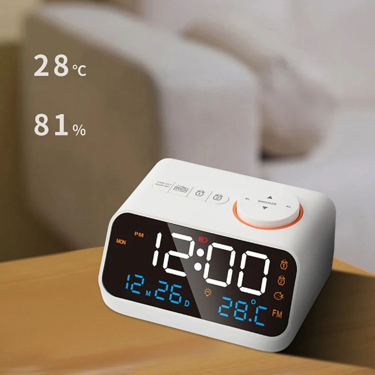 Modern FM Radio Alarm Clock - LED Bedside with Temperature and Humidity Display
