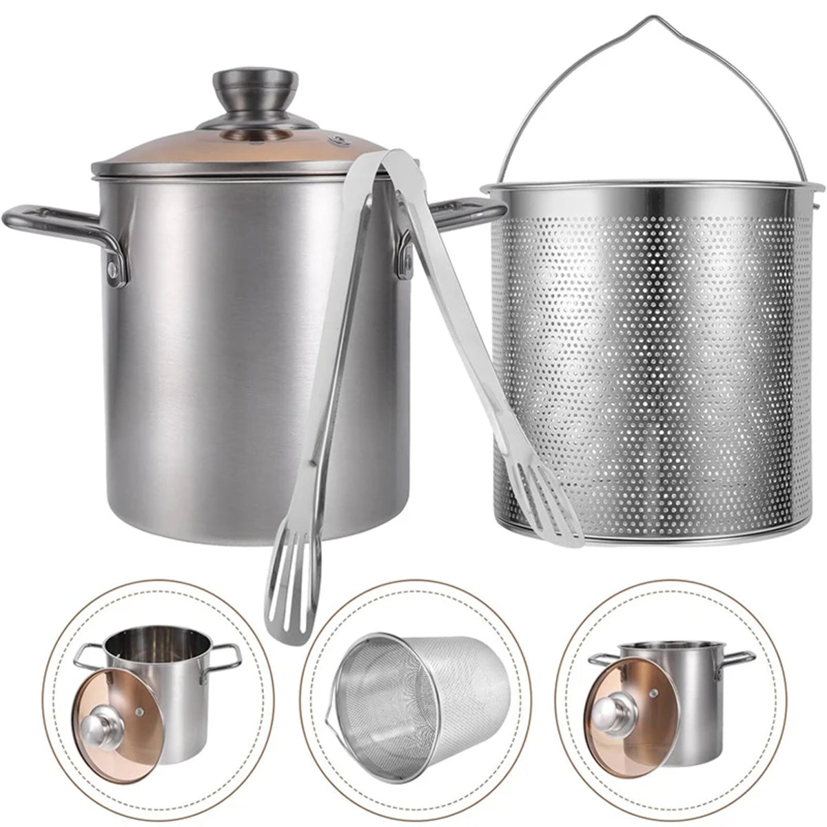 3.2 qt Stainless Steel Deep Fryer Pot - Tempura with Basket Lid and Tongs