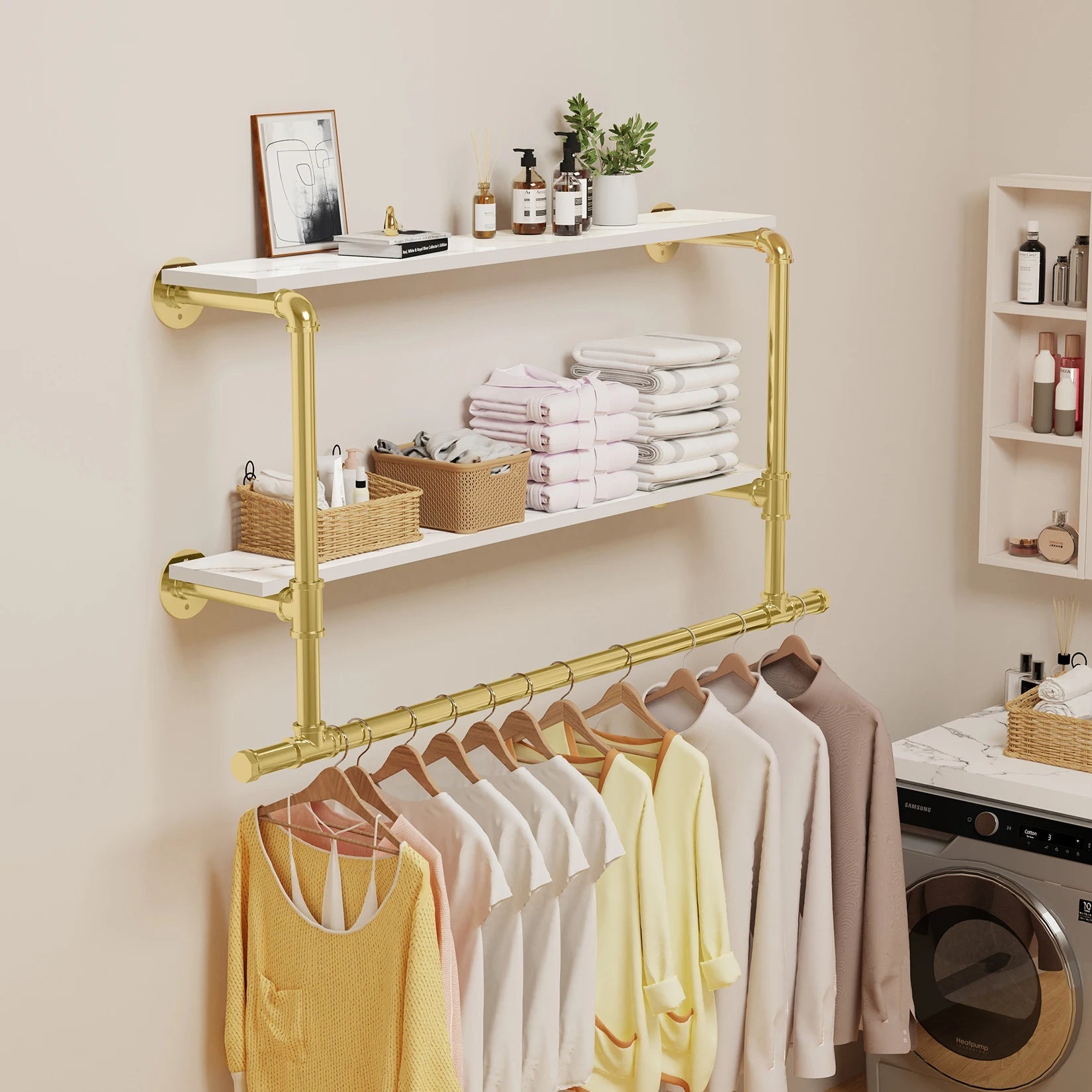 Industrial Wall Clothing Rack - Pipe Frame with Wood Shelf