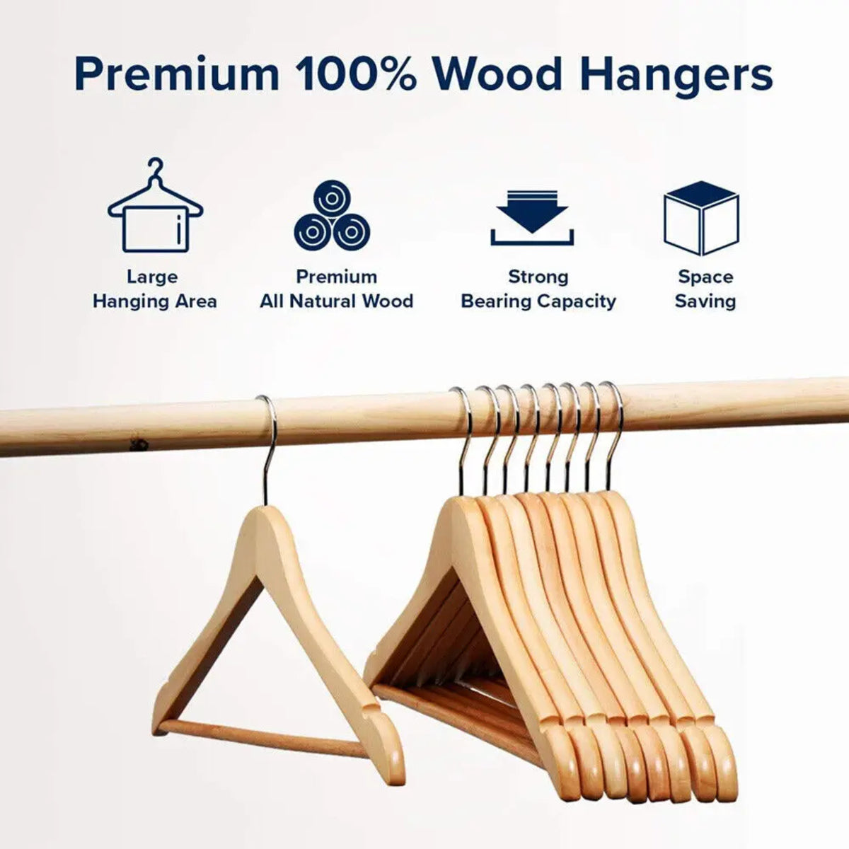 Wooden Coat Hangers (30 Pcs) - Clothes and Suit with Trouser Bar
