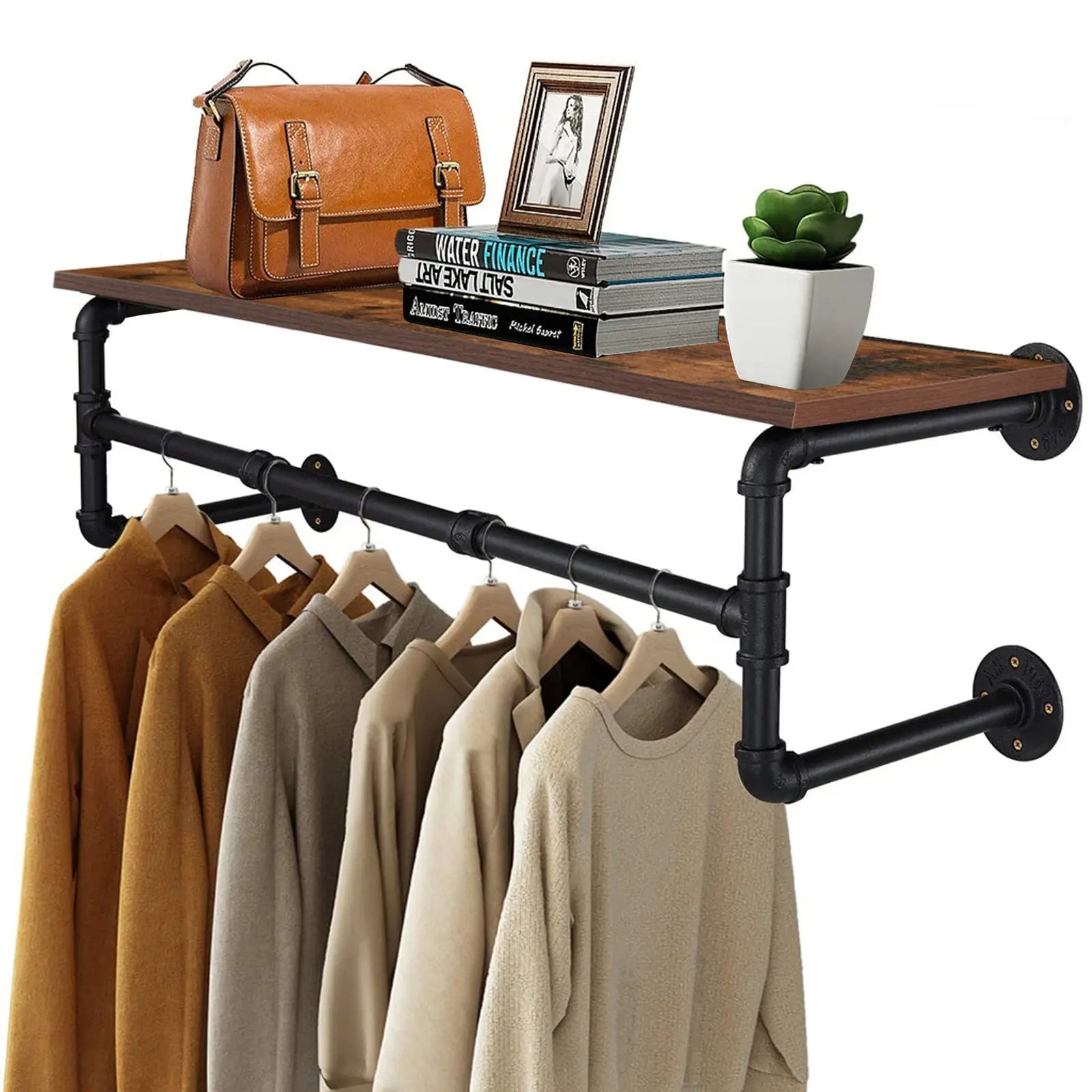 Industrial Pipe Clothing Rack - Wall-Mounted Wood Shelf and Floating Display