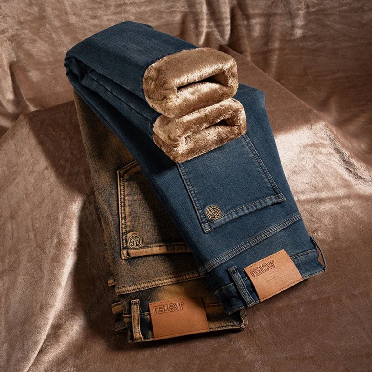 Men's Brown Vintage Winter Jeans - Thick Velvet Warm Elastic Straight Denim