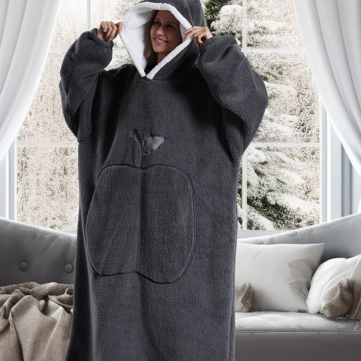 Extra Long Wearable Blanket - Hooded Flannel with Sleeves for Adults
